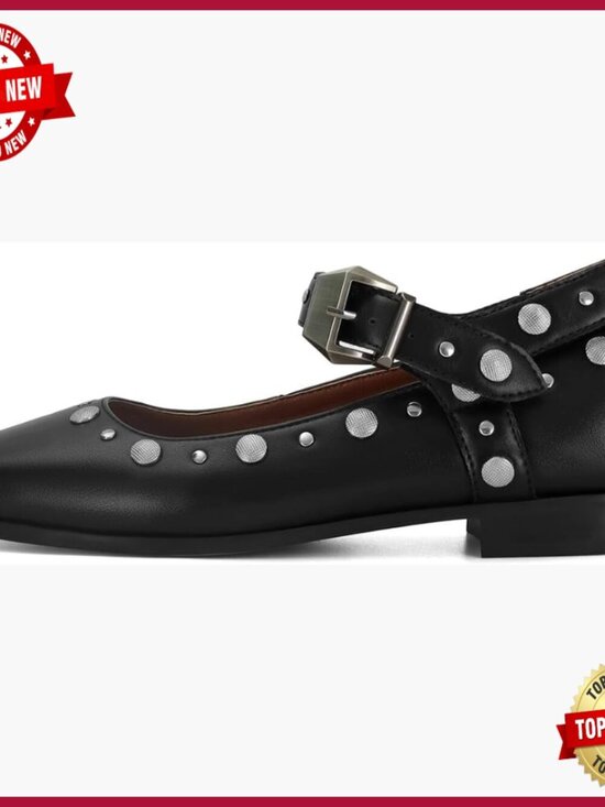Shoes - Studded Mary Jane Ballet Flats with Buckle Strap, Square Toe, Faux Leather